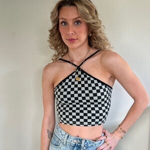 Princess Polly Black and White Checkered Fitted Crop Top